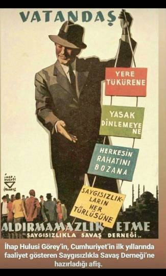 Saygısızlıkla Savaş Derneği. Zeki Zeren'in 1945'te kurduğu derneğin tüzüğünden: 1-Belediyenin nizamlarına saygı göstermek. 2-İstanbul'da ileri, medeni hayatı yaygınlaştırmak ve karşılıklı saygı adabını kökleştirmek, yaymak. (@serefoguz)