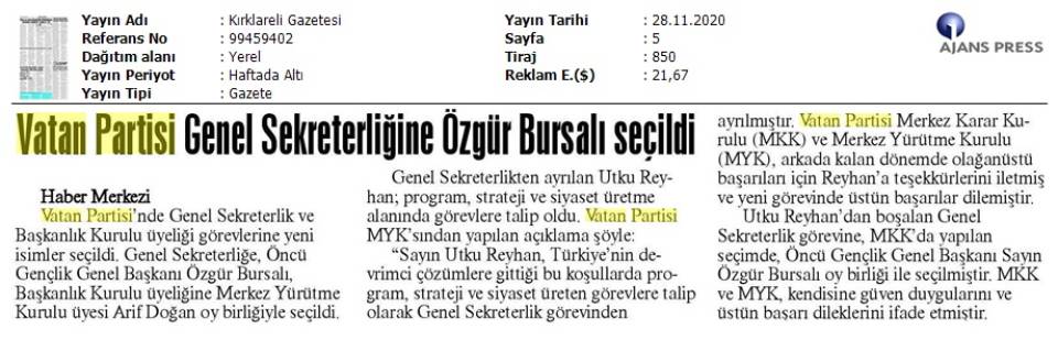 201128 Kırklareli Gazetesi